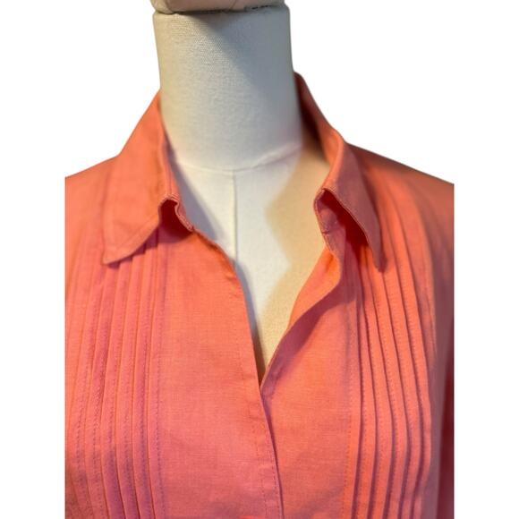 Kim Rogers 100% Linen Blouse Tunic Top Coral LG Petite Button Down Long Sleeves - Picture 3 of 9